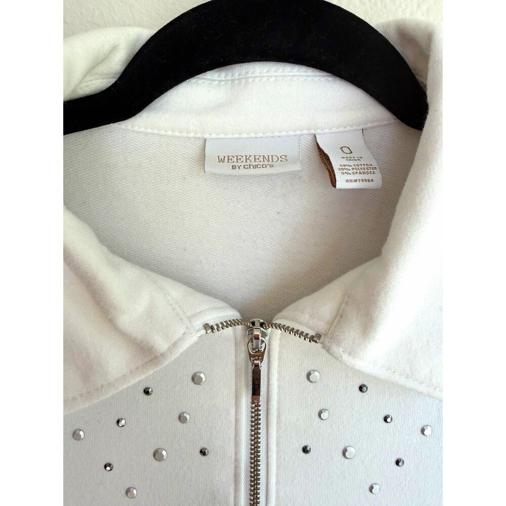 Weekends by Chico's White Cotton Blend Full Zip Hooded Rhinestone Hoodie 0